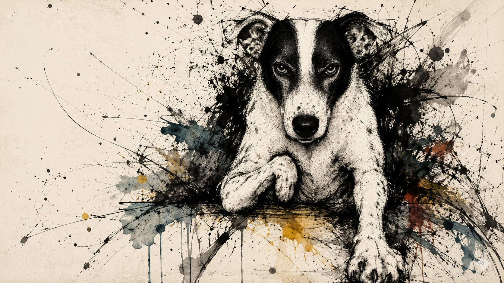 Rat Dog emerging from an eruption of black ink and dirty watercolour